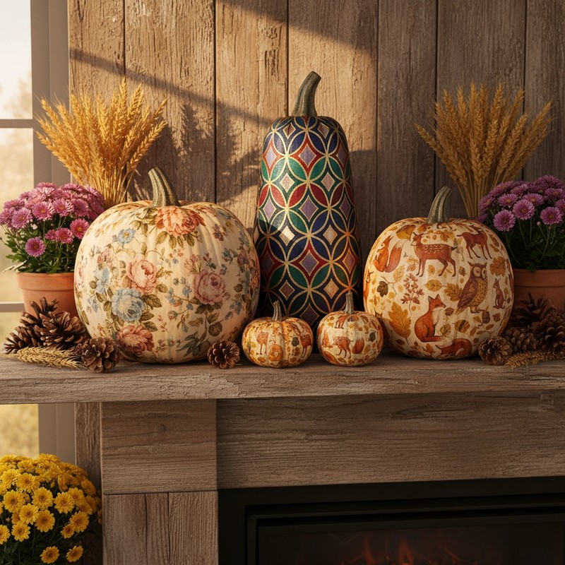 Finished set of decoupage pumpkins