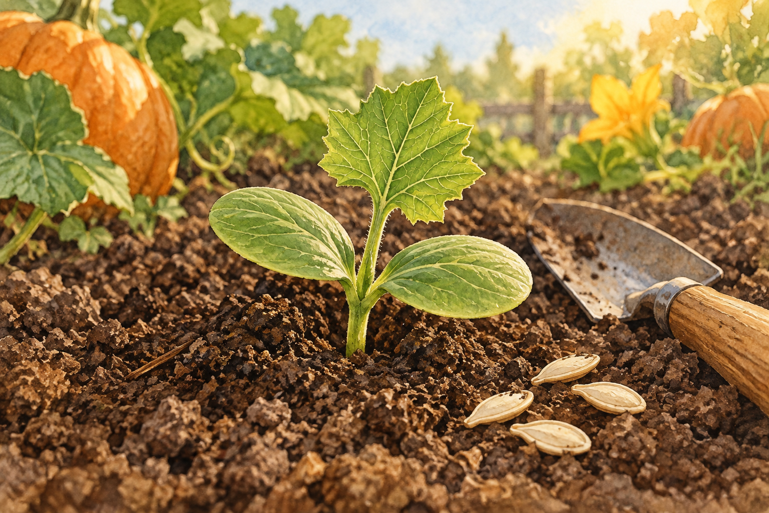 Watercolor illustration of a pumpkin seedling, seeds, and a hand trowel