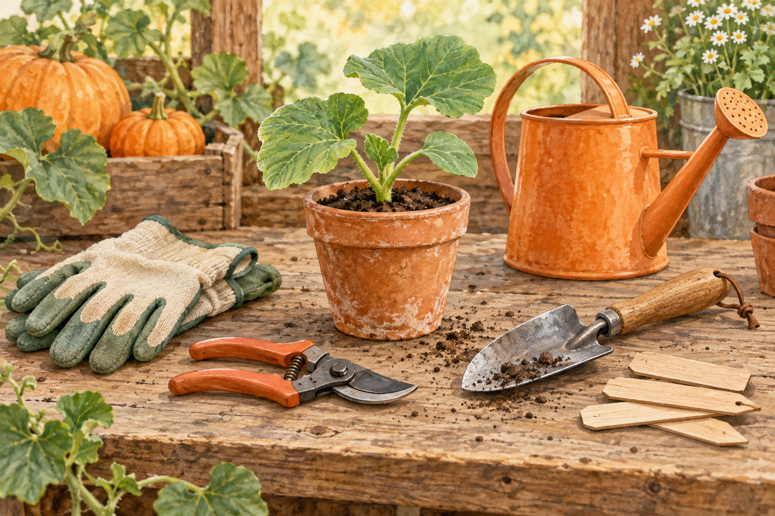 Watercolor illustration of gloves, pruners, a trowel, plant labels, and an orange watering can
