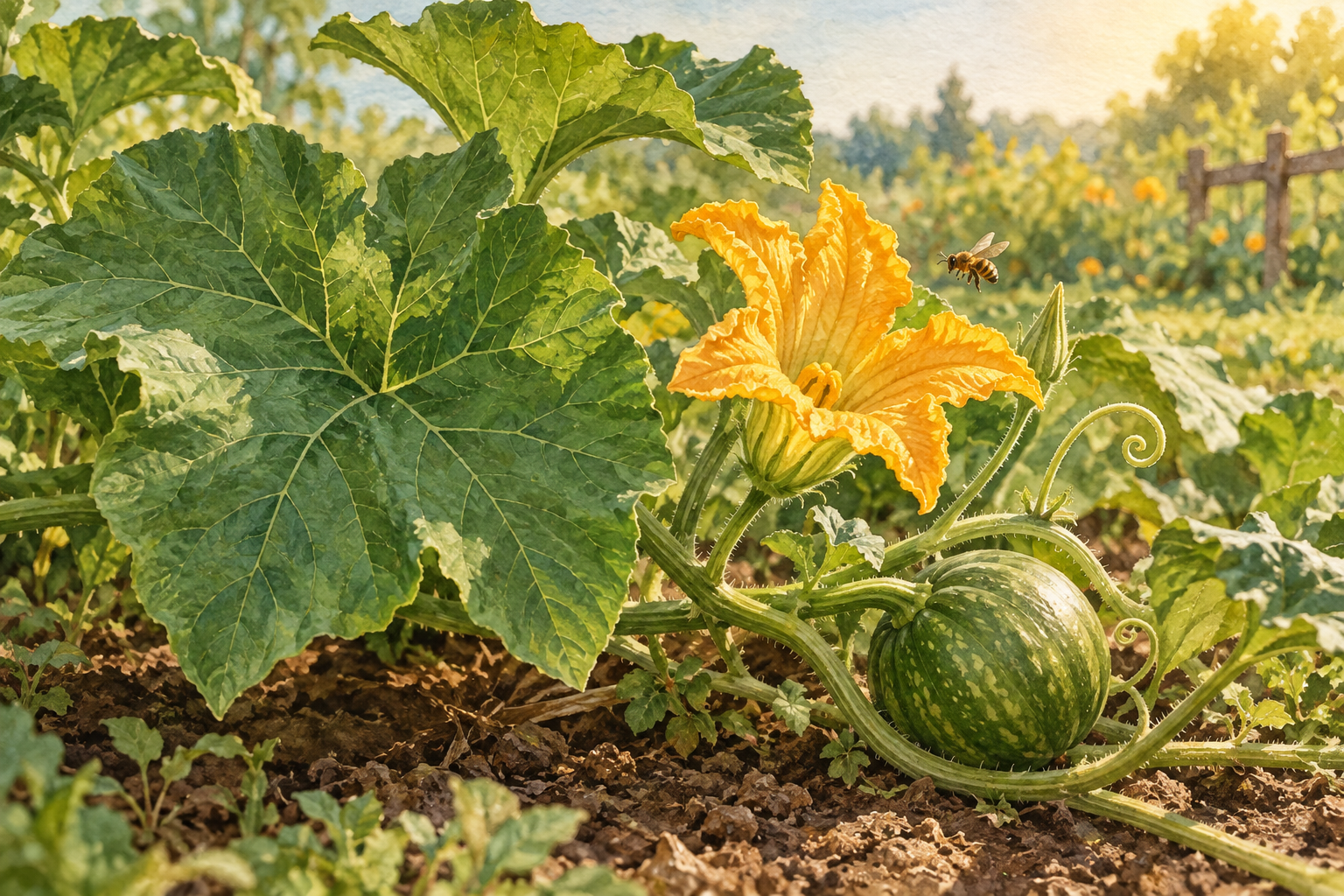 Watercolor illustration of pumpkin leaves, a blossom, a bee, and a young green pumpkin
