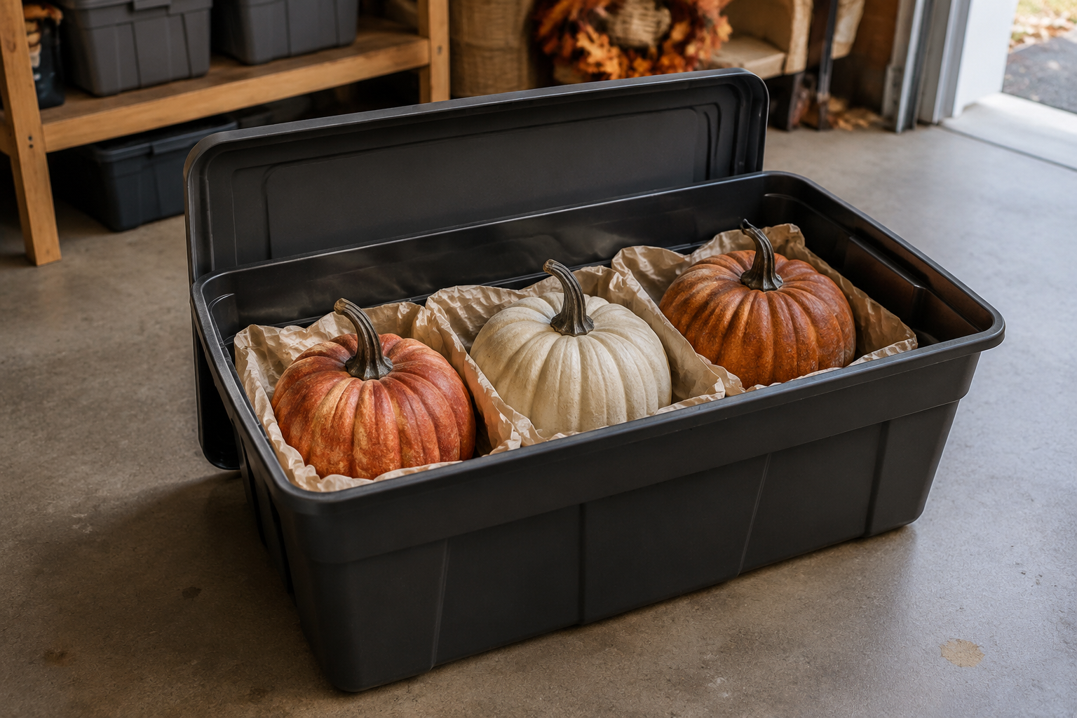 Illustration of faux pumpkins stored stems-up in a tote